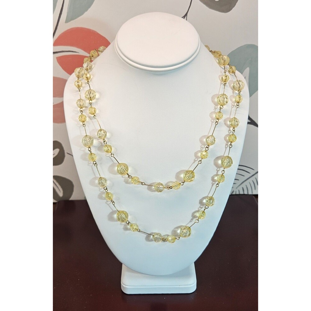 Beautiful Vintage Gold Tone Opera Style Yellow Beaded Necklace Pendant 59"'